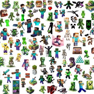 Op de afbeelding: Een verzameling van verschillende Minecraft-personages en -elementen. De afbeelding toont gepixelde personages, waaronder Steve, Creepers, skeletten en Endermen, samen met gepixelde blokken, wapens en landschappen. Het kleurenpalet wordt gedomineerd door groen, blauw en bruin.