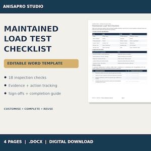 Może przedstawiać: Cyfrowy szablon zatytułowany Maintained Load Test Checklist od Anisapro Studio. Dokument zawiera 18 kontroli inspekcyjnych, śledzenie dowodów i działań oraz sekcje zatwierdzeń. Ten czterostronicowy, edytowalny dokument Word jest produktem cyfrowym do pobrania.