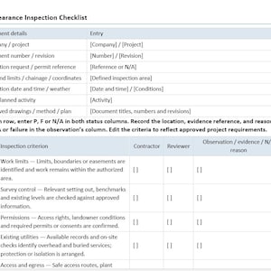 Könnte beinhalten: Ein Dokument für eine Standortfreigabe-Inspektionscheckliste mit einer Tabelle für Dokumentendetails und Inspektionskriterien. Das Formular enthält Zeilen für Arbeitsgrenzen, Vermessungskontrolle, Genehmigungen und bestehende Versorgungsleitungen mit Spalten für den Auftragnehmer und Prüfer.