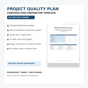 Pode incluir: Um modelo de plano de qualidade de projeto para empreiteiros de construção em formato DOCX. O documento apresenta um layout editável de 27 páginas com seções para informações do projeto, riscos de qualidade, ITP, NCR e registros.