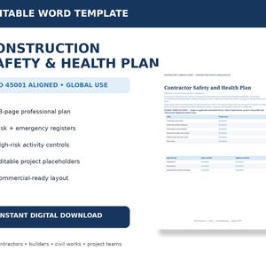 Op de afbeelding: Een bewerkbaar digitaal sjabloon voor een bouwveiligheids- en gezondheidsplan. Het document heeft een professionele lay-out met secties voor risico- en noodregisters, controles voor risicovolle activiteiten en projectplaatsaanduidingen.
