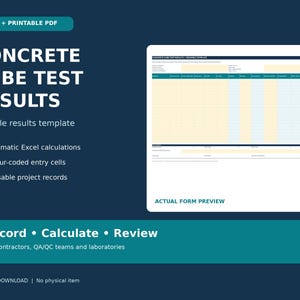 Modelo de Resultados de Teste de Cubos de Concreto | Excel Editável e PDF Imprimível | Formulário de Controle de Qualidade da Construção
