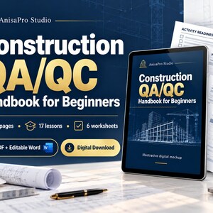 Könnte beinhalten: Ein digitales Construction QA/QC Handbook for Beginners von AnisaPro Studio mit 30 Seiten, 17 Lektionen und 6 Arbeitsblättern. Das Mockup zeigt ein Tablet mit dem Titelbild sowie ausgedruckte Dokumente mit den Bezeichnungen Activity Readiness und Inspection Record.
