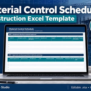 May include: A laptop screen displaying a Material Control Schedule Construction Excel Template with 13 worksheets. The spreadsheet includes columns for equipment identity, material approval, purchase quantities, and delivery planning for construction projects.