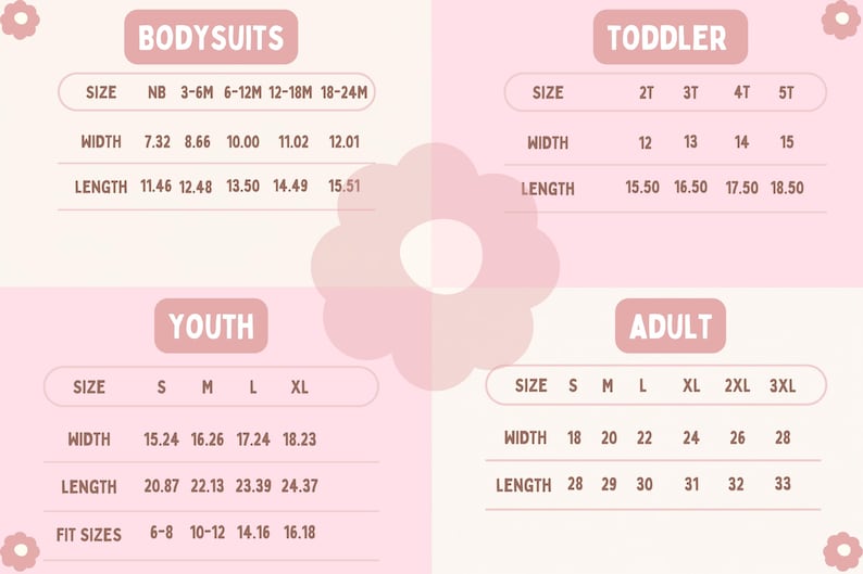 May include: A pink chart displays size measurements for bodysuits, toddler, youth, and adult clothing. Measurements are in inches for width and length, with fit sizes also included for youth sizes. The chart includes sizes from NB to 3XL.