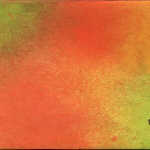 May include: Abstract watercolor background with a blend of orange, yellow, and green hues. The colors are softly diffused, creating a textured, artistic effect. The corners are rounded, and the edges are black.