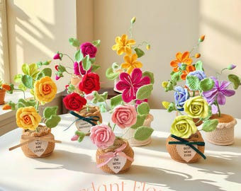 Personalised Crochet Sunflower/Rose/Lily Flower Pot - Thank You Teacher/Birthday/Back to School decor Cute Gift for Teacher,Her,Friend,mom