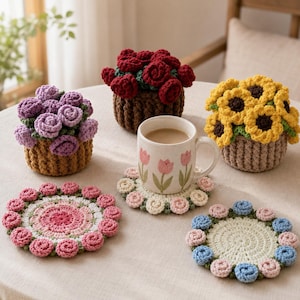 Crochet Flower Coaster with Basket Holder,Home&Wedding Handmade Floral Set,Home Decor Gift For Mom,grandma,Friend,Teacher,her House Warming