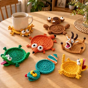 May include: A collection of six crocheted animal-themed coasters featuring a green frog, an orange fox, a brown bear, a tan gazelle, a yellow creature, and a teal creature with a striped tail, all with large white eyes.