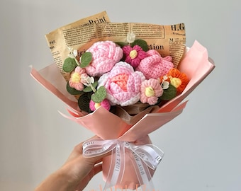 Ramo de rosas de ganchillo hecho a mano, regalo floral tejido para ella, arreglo floral eterno para aniversario/San Valentín, decoración para el hogar y la boda, regalo para mamá