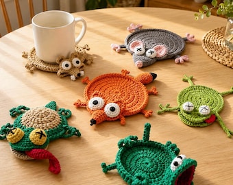 Adorable Crochet Animal Coaster,Funny Critter Coaster,Cute Drink Mat,Housewarming Gift,Office Desk Decor,Fox Frog Hippo Turtle Coaster her