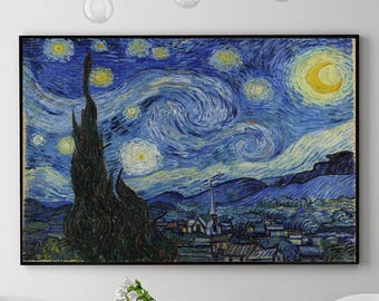 May include: A framed print of Van Gogh's "The Starry Night" features a swirling blue night sky with bright yellow stars and a crescent moon. A dark, tall cypress tree stands in the foreground, with a village nestled below.