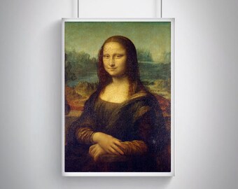 May include: Framed print of the Mona Lisa, a Renaissance portrait. The artwork features a woman with a subtle smile, dressed in dark clothing, with a landscape background. The painting is displayed in a white frame, hanging against a white wall.