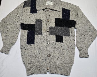 Vtg Heritage of Ireland Czysta wełna Intarsja Sweter kardigan męski duży szaro-niebieski