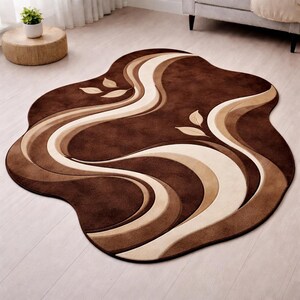 Hand-Tufted Abstract Wave Rug – Brown Cream Plush Carpet for Living Room