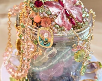 Enchanted Spring Garden Jewelry Jar, Butterfly Mystery Box, Floral Vintage Treasure Mix, Pastel Trinket Gift for Her