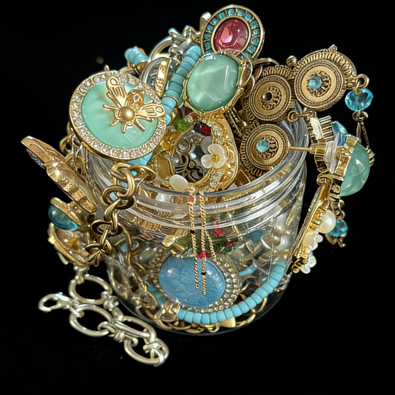 May include: A clear glass jar overflowing with an assortment of vintage jewelry. The jewelry includes gold-toned necklaces, bracelets, and rings, many adorned with turquoise, teal, and pink gemstones. Some pieces feature intricate floral and insect designs.