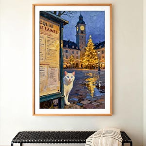 Kerst dorpsplein kat afdrukbare muurkunst | Blauwgouden lampen en klokkentoren | Direct downloaden