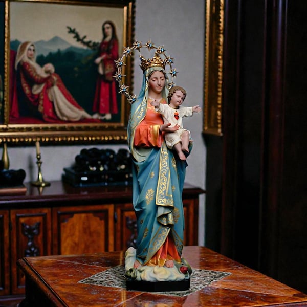 Hand-Painted Virgin Mary Child Jesus Statue, Vintage Catholic Altar Decor