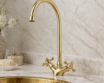 Grifo de baño de latón con dos manijas, grifo de lavabo de cuello de cisne de latón sin lacar, grifo mezclador vintage de un solo orificio, grifo de tocador giratorio