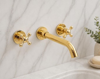 Grifo mural de latón sin lacar, grifo de lavabo marroquí hecho a mano, herrajes de tocador pulidos.