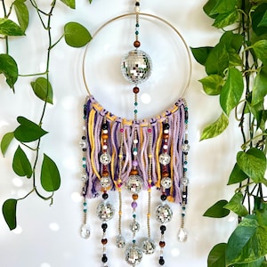 Beaded Disco Ball Sun Catcher, Purple macrame wall hanging, boho decor