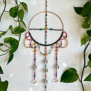 Colorfully beaded disco wall hanging, macrame sun catcher window hanging, boho decor
