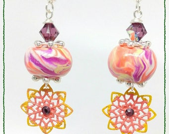 Pink purple yellow dangle earrings - filigree coral hand painted crystal amethyst small silver polymer clay Swarovski peach