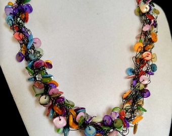 Wire crochet necklace Rainbow Bright Necklace - Black Wire SRAJD - Multi colors Red Black Yellow Orange Green Purple