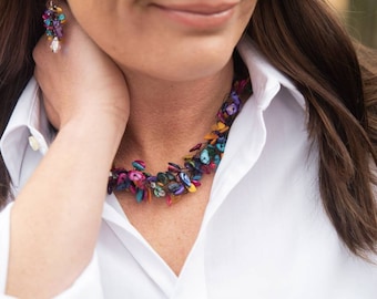 Rainbow multistrand necklace, mother of pearl, mermaid necklace, wire wrapped, long statement necklace, plus size necklace