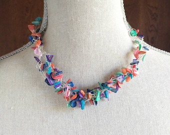 Multi color rainbow necklace, wire wrapped jewelry, rainbow inspired, easter jewelry, colorful necklace, mother of pearl chips, neckmess