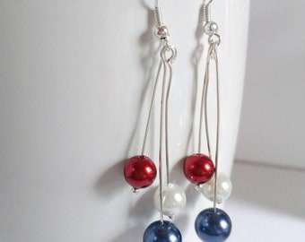 Military wife pearl red white blue earrings, military wife jewelry, USA pride earrings, fun summer jewelry