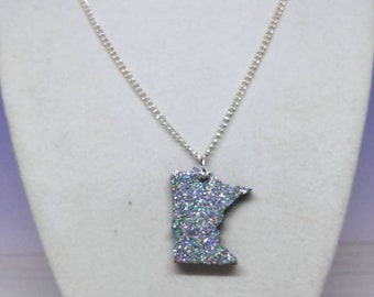 State of MN Glitter pendant, black cherry wood pendant, Minnesota pendant, sparkly MN pendant on silver chain, state jewelry