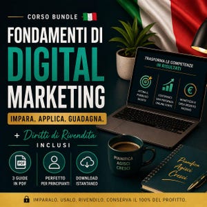 Puede incluir: Imagen promocional de un paquete de cursos de marketing digital. La imagen presenta una computadora portátil que muestra conceptos de marketing, una taza de café, un cuaderno e iconos que representan los beneficios del curso. El texto incluye "Marketing Digital" y "Aprende, Aplica, Gana."