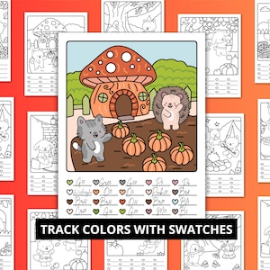 Könnte beinhalten: Eine Malbuchseite mit einem Pilzhaus, Kürbissen und Zeichentricktieren. Das Bild enthält eine Katze, einen Igel und den Text "TRACK COLORS WITH SWATCHES". Die Seite ist von anderen Malbuchseiten umgeben.