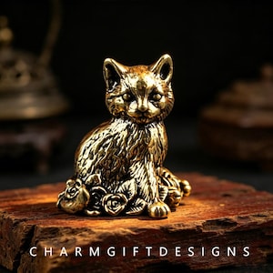Vintage Solid Brass Rose Pattern Cat Figurine, Mini Floral Kitten Statue, Whimsical Cat Lover Desk Decor