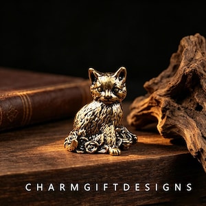 Vintage Solid Brass Rose Pattern Cat Figurine, Mini Floral Kitten Tea Pet Statue, Whimsical Cat Lover Desk Decor