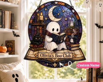 Personalized Ghost Reading Real Stained Glass Suncatcher, Halloween Window Hanging, Book Lover Gift, Black Cat Library Decor