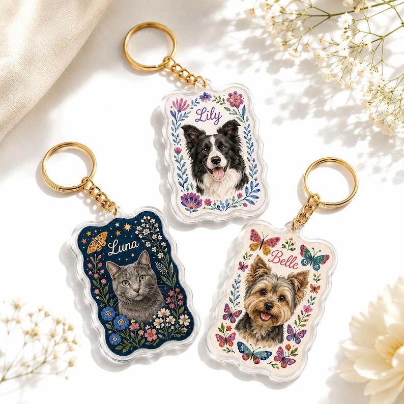 May include: Three rectangular acrylic keychains with scalloped edges and gold-tone rings. One features a gray cat named Luna with flowers and stars. Another shows a black and white dog named Lily with floral borders. The third displays a terrier named Belle with butterflies.