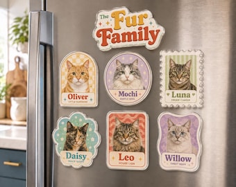 May include: A set of seven decorative magnets featuring cat portraits and names. The top magnet reads The Fur Family. Individual magnets feature cats named Oliver, Mochi, Luna, Daisy, Leo, and Willow, each with unique shapes, pastel backgrounds, and descriptive text.