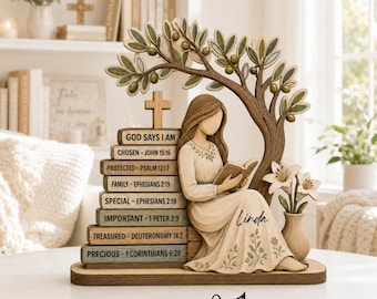 May include: A flat 2D print featuring a figure sitting under an olive tree, reading a book. Beside the figure is a stack of books labeled with religious verses including God Says I Am, Chosen, Protected, Family, Special, Important, Treasured, and Precious.