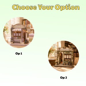 May include: Two miniature bookstore models labeled Op 1 and Op 2, featuring the text "Choose Your Option" at the top. Op 1 is lavender-toned with the number 158, while Op 2 is green-toned with the number 250. Both feature "BOOKS READ THIS YEAR" signage.