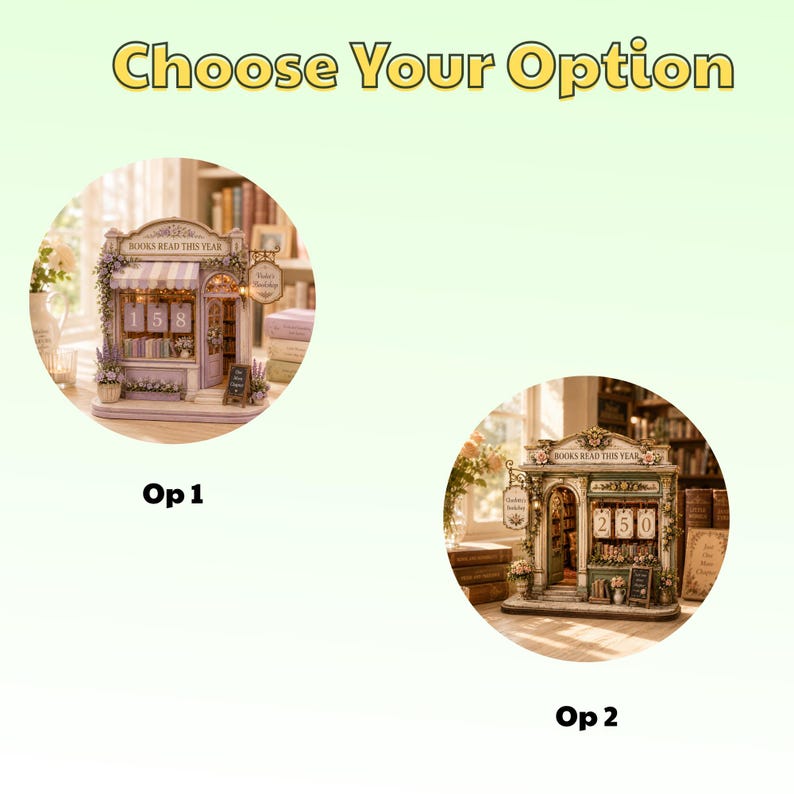 May include: Two miniature bookstore models labeled Op 1 and Op 2, featuring the text "Choose Your Option" at the top. Op 1 is lavender-toned with the number 158, while Op 2 is green-toned with the number 250. Both feature "BOOKS READ THIS YEAR" signage.