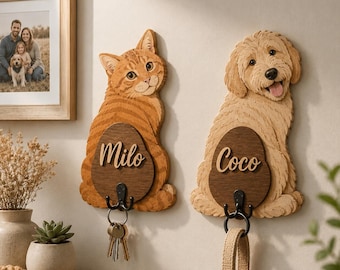 Custom Dog Leash Holder from Photo, Personalized 3D Wood Pet Portrait Sign, Dog Name Wall Hook, Dog Lover Gift, Pet Memorial Key Organizer