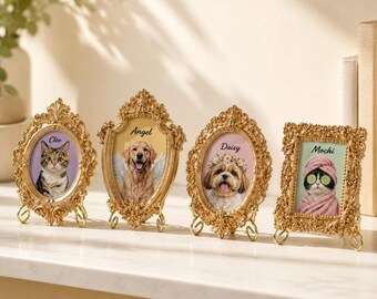 May include: Four ornate gold-toned frames standing on small metal feet. The first oval frame displays a cat named Cleo. The second shield-shaped frame shows a dog named Angel with wings. The third oval frame features a dog named Daisy. The fourth rectangular frame shows a cat named Mochi wearing a towel.