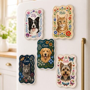 May include: Five rectangular magnets with scalloped edges featuring portraits of pets named Lily, Milo, Oscar, Luna, and Belle. Each magnet displays a colorful floral border and the pet's name in script text, showcasing a border collie, tabby cat, golden retriever, gray cat, and a small terrier.