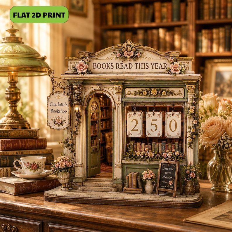 May include: A decorative miniature bookshop model titled "BOOKS READ THIS YEAR" with a hanging sign reading "Charlotte's Bookshop". The structure features a green and cream facade, floral accents, and three hanging cards displaying the number 250.