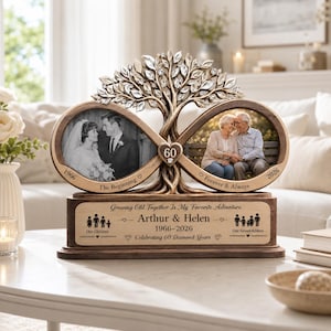 Personalized 60th Anniversary Photo Frame, Wooden Infinity Tree of Life Keepsake, Diamond Wedding Gift for Parents