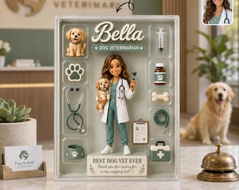 May include: A custom action figure set in a clear plastic display case featuring a veterinarian doll holding a puppy, surrounded by accessories including a stethoscope, syringe, medicine bottle, bone, leash, and medical kit, with the text Bella and Best Dog Vet Ever.