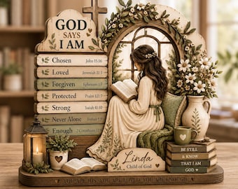 May include: A decorative tabletop plaque featuring a woman reading a book by a window. The plaque includes the text "GOD SAYS I AM" followed by a list of biblical affirmations, a lantern, a vase of flowers, and a stack of books labeled "BE STILL & KNOW THAT I AM GOD".